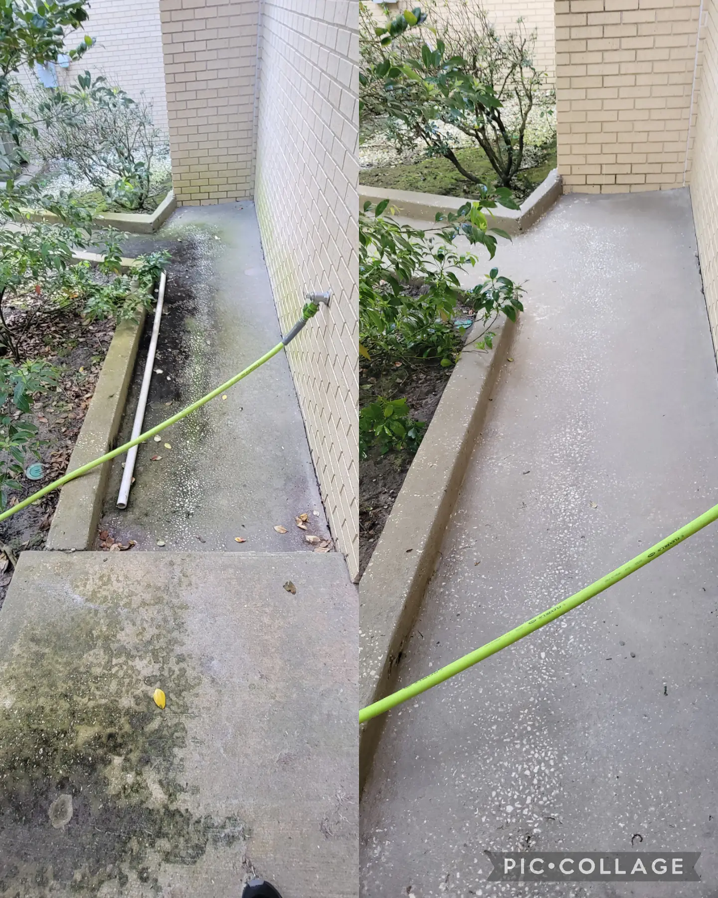 Pressure washing the exterior concrete surfaces of a commercial plaza